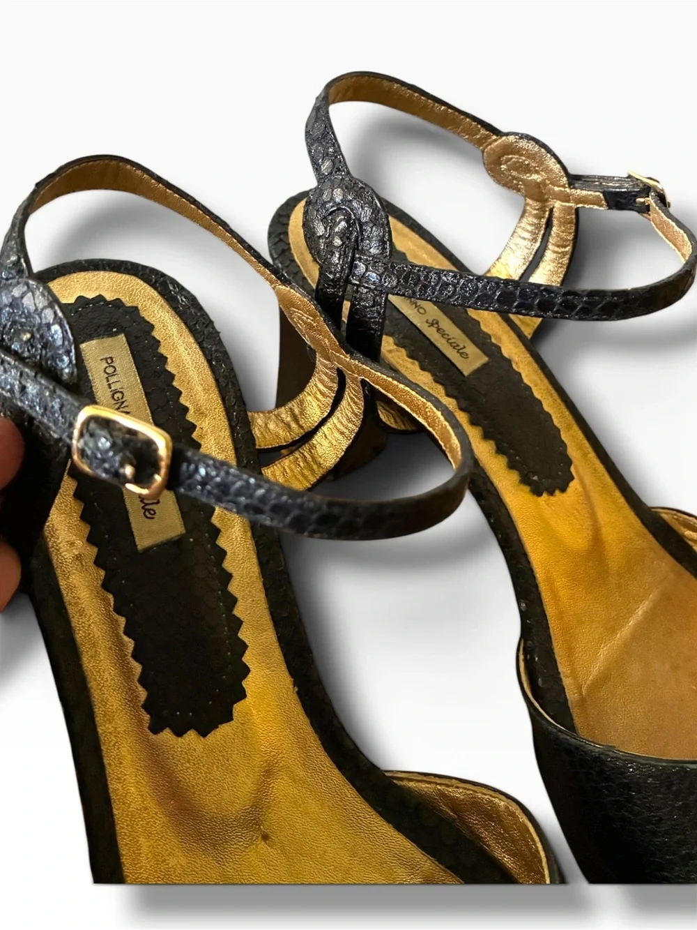 Pollignano Speciali snakeskin platform sandals, front knot, ankle strap. Sz8